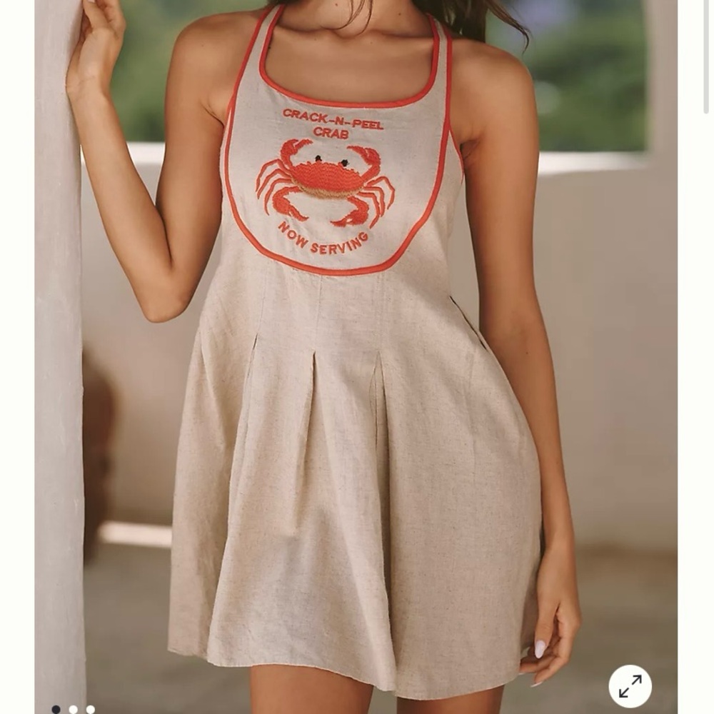 Beige Mini Dress with Red Crab Appliqué